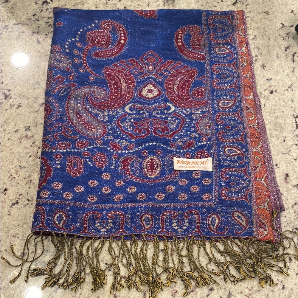 Pashmina Blue and Red Paisley Scarf or wrap with silver metallic thread